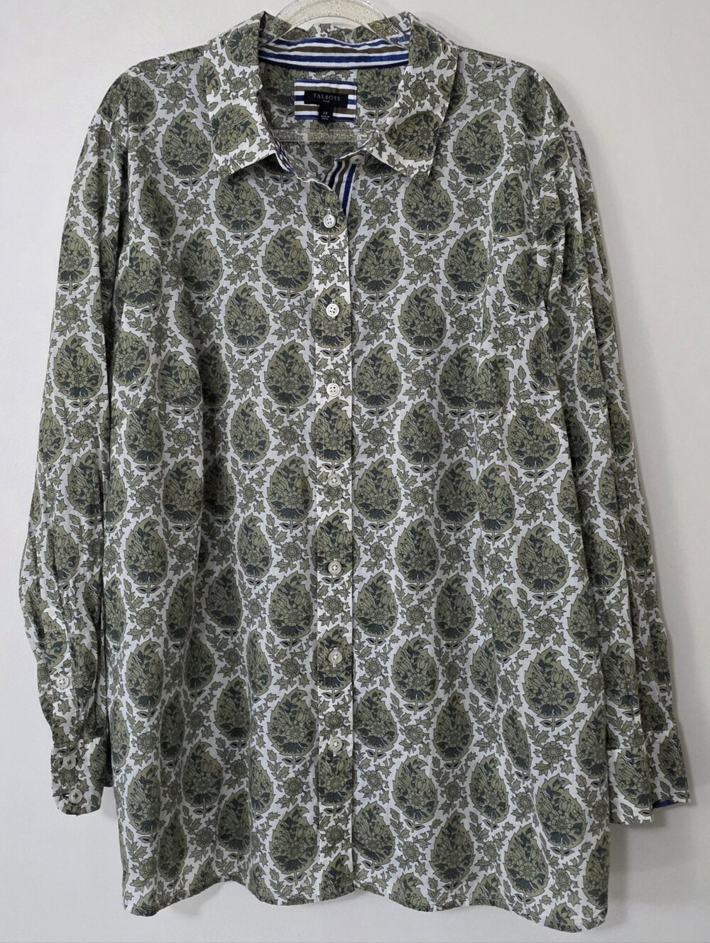 Talbots Olive Green Paisley Long Sleeve Button Up Shirt Preppy Classic Earthy 2X